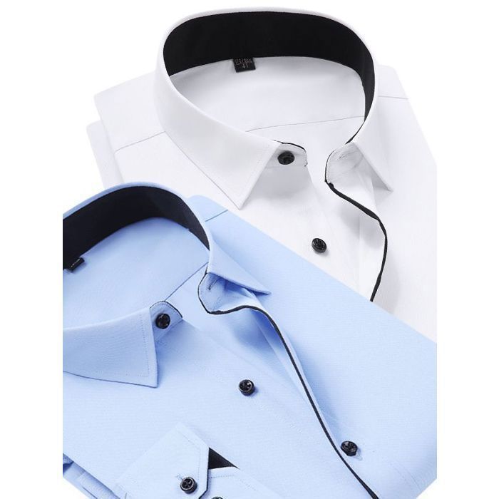 Camisa de hombre - FUNMOON - Azul liso - Cuello mandarín - Manga larga - 100% poliéster