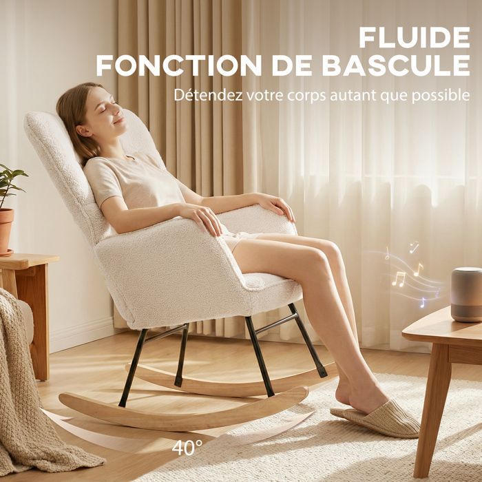 Fauteuil à bascule - HOMCOM - revêtement effet laine bouclée - structure en acier - pieds en bois massif - beige