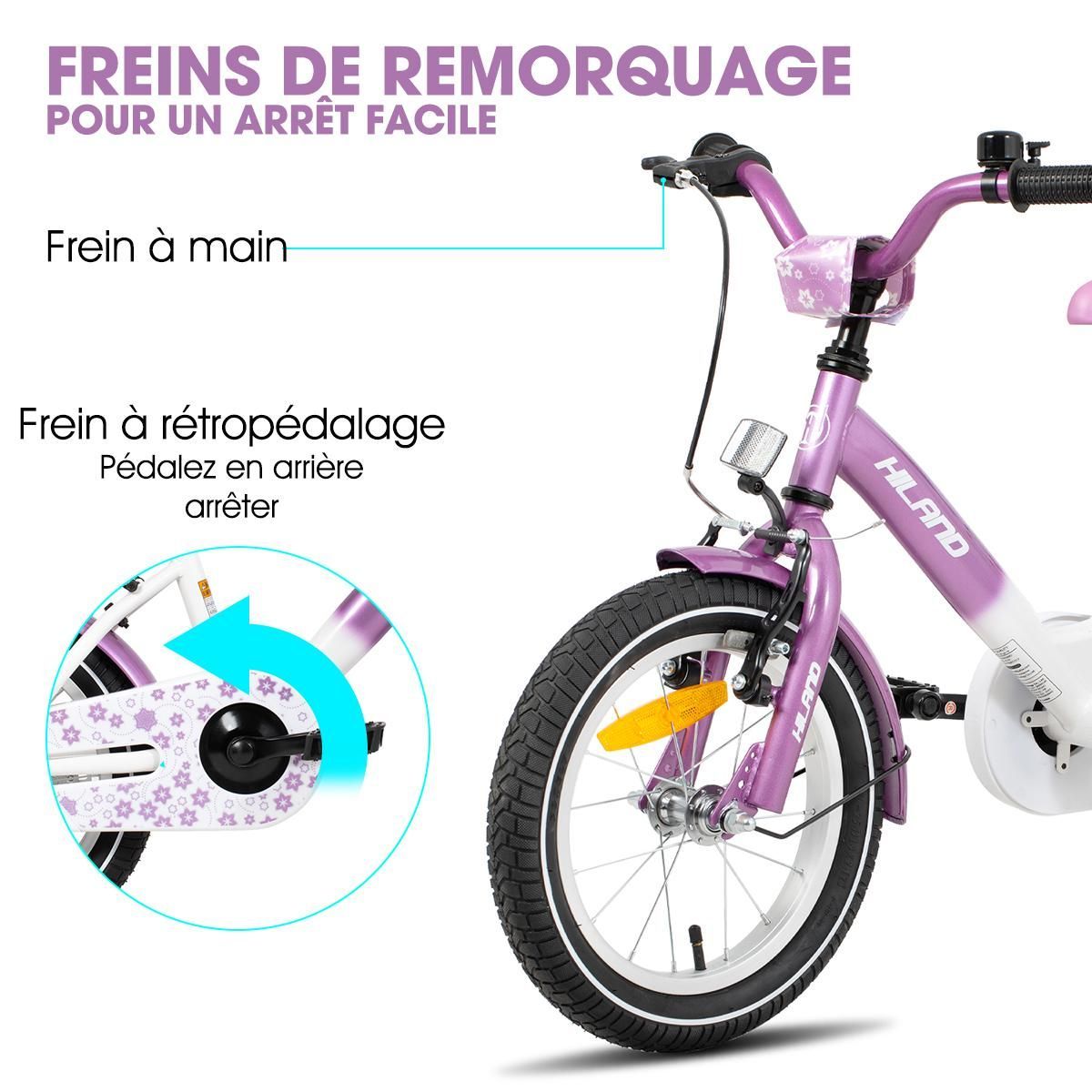 Vélo pour enfants - HILAND - 14 pouces - Roues assistées - Porte-bagages arrière - Violet