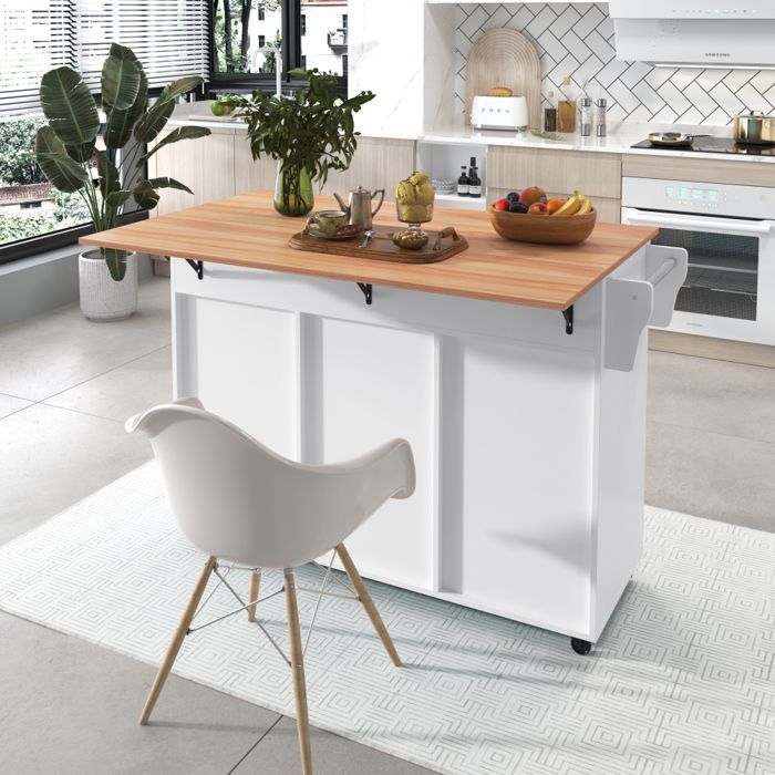 Carrito de cocina multifuncional de madera con encimera y cajón - 129 x 46 (71) x 91,5 cm - Blanco