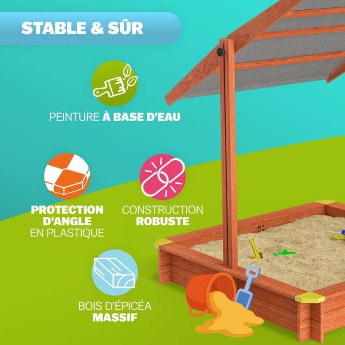 Spielwerk Bac à sable en bois d'épicéa SAMI 120x120cm toit réglable de protection UV jeu pour enfants extérieur jardin