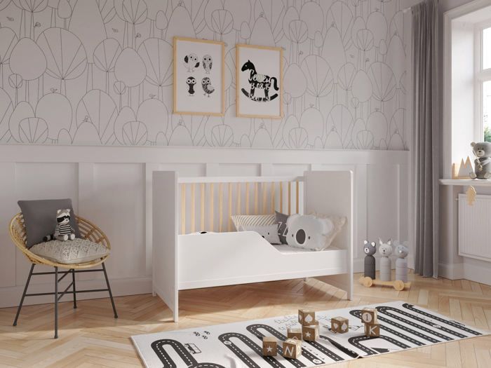 Lit Bebe Evolutif en Bois Pin Blanc 120x60cm, Lit Pour Bebe Transformable en Un Canapé-lit avec Une Barrière de Sécurité
