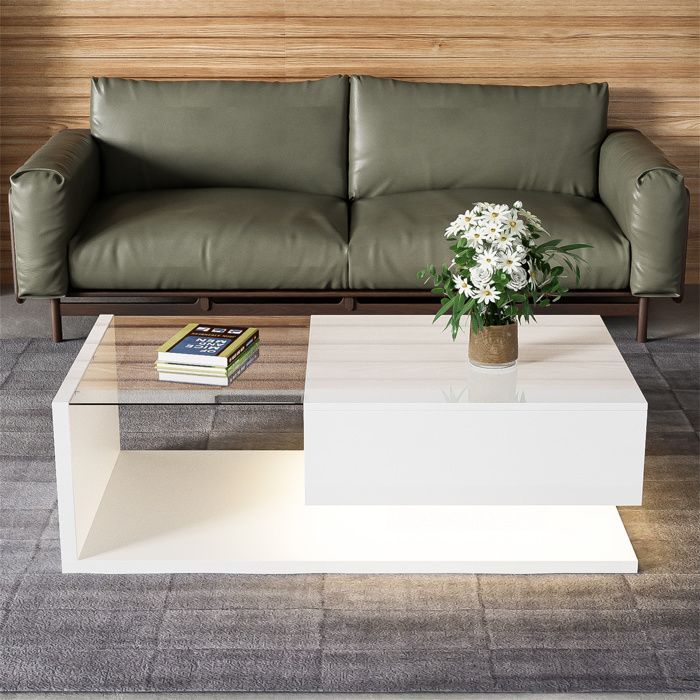 Living room coffee table with glass and LED lighting, living room furniture with 1 storage drawer, 105x55x32.5cm, glossy white