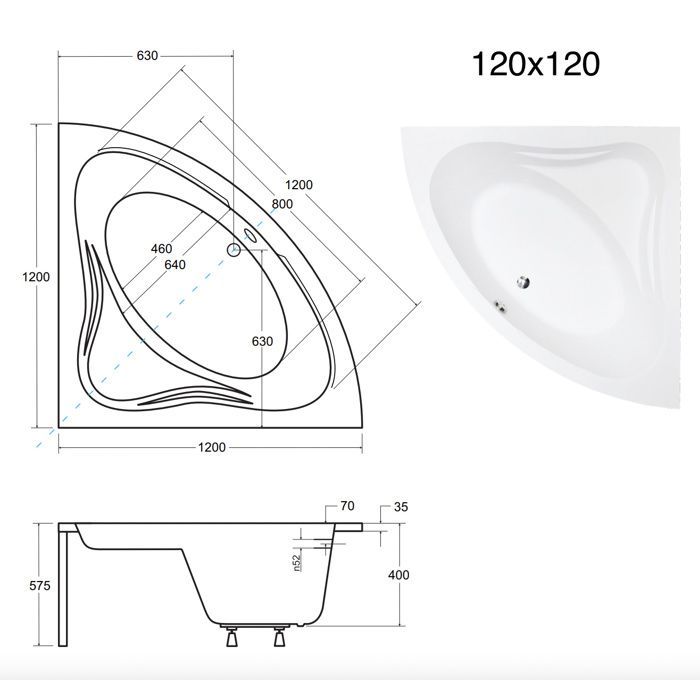 Vasca angolare 120x120 + pannello frontale in acrilico, sifone + piedini non disponibili
