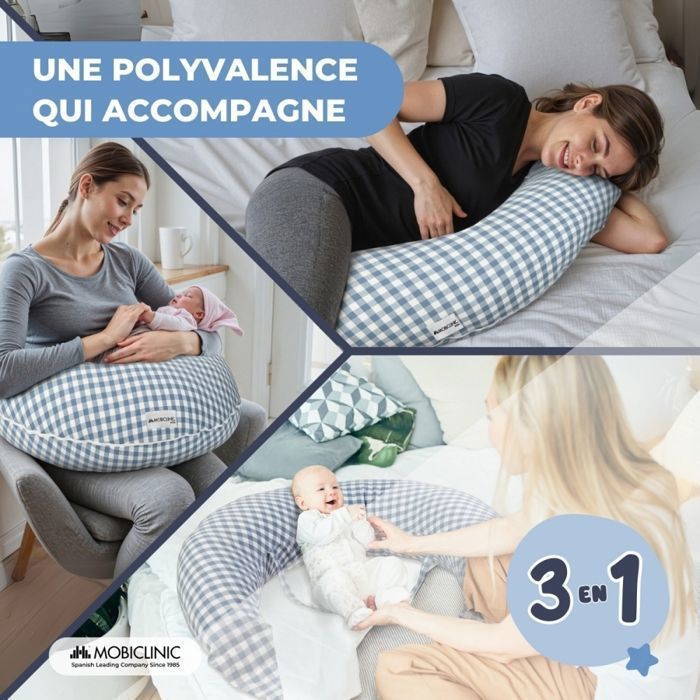 XXL 3-in-1 Mobiclinic Nursing Pillow: Multi-position, Adjustable Straps, Machine Washable, Aura Gingham Print