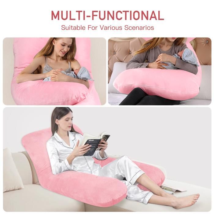 Coussin de Grossesse - Oreiller pour Femme Enceinte en Forme de U pour Dormir - Rose - Velours