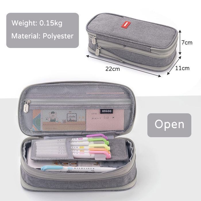 Estuche plegable de gran capacidad, estuche escolar, estuche de lona con cremallera, estuche portátil para la oficina, gris.