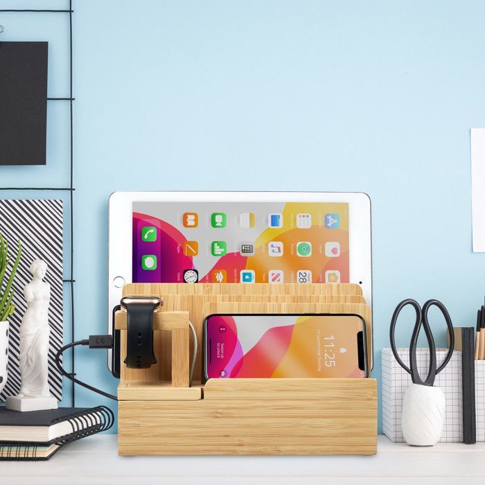 Relaxdays Ladestation, Smartwatch, Bambus, HxBxD: 15 x 21,5 x 15 cm, Stativ, Bordplade, Naturlig
