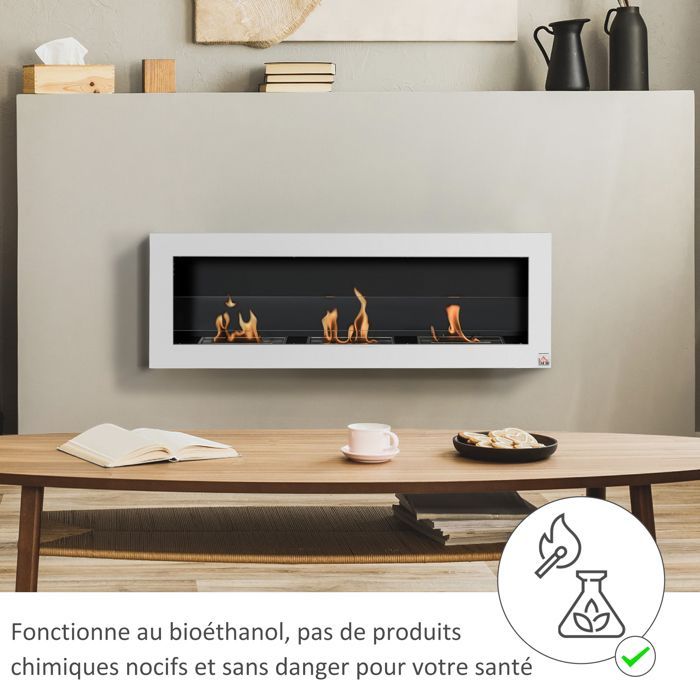 Bioethanolkamin – HOMCOM – Wandmontage, Einbau, 3 Brenner, 3 Liter Fassungsvermögen, 3 Stunden Brenndauer – Edelstahl – 120 x 15 x 40 cm – Weiß