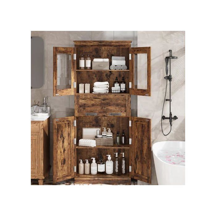 Mueble de baño, 170 cm de altura, con estantes ajustables, 4 puertas, 1 cajón y compartimento, color marrón.