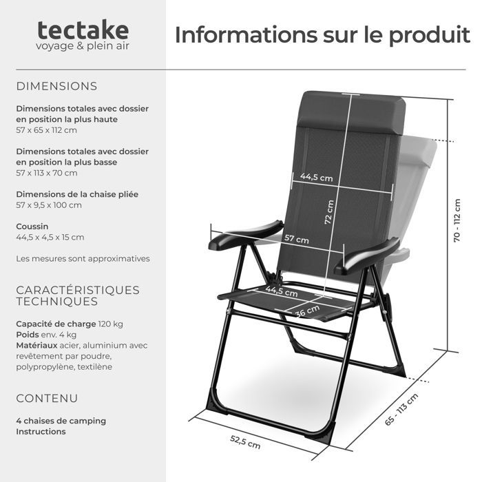 Silla de camping - TECTAKE - Juego de 4 sillas plegables MÜRITZ en tejido textilene, 57 x 65 x 112 cm, estructura de acero.
