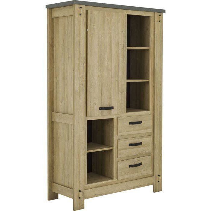 Aparador alto BROCELIANDE – Acabado en roble claro – 1 puerta + 3 cajones – 124 × 50 × 202 cm – GAMI