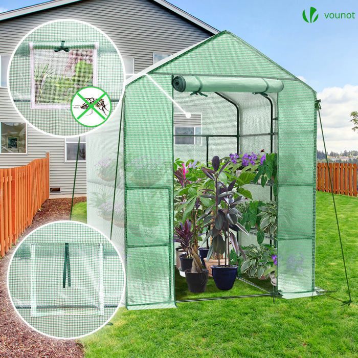 VOUNOT® Gartengewächshaus mit Regalen 143x143x195cm grün - verstärkte 135g/m²-Plane - Moskitonetzfenster - aufrollbare Tür mit Reißverschluss