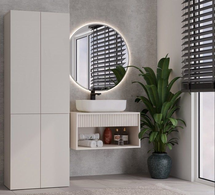RORY - Bathroom cabinet with basket - Dimensions 174x60x30 - Bathroom storage unit for laundry area - Beige