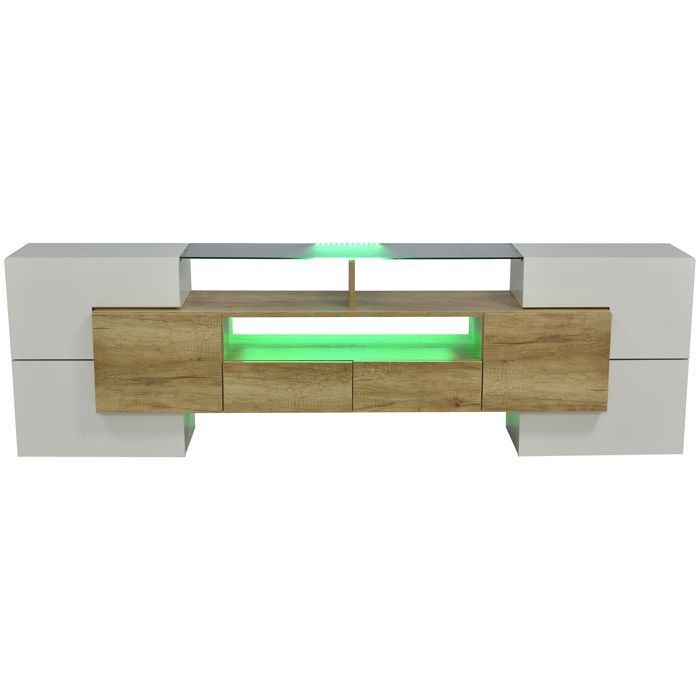 Mobile porta TV da 200 cm, bianco lucido con finitura effetto legno, illuminazione a LED multicolore, 6 ante, 2 cassetti, 3 ripiani, superficie effetto vetro, design moderno.