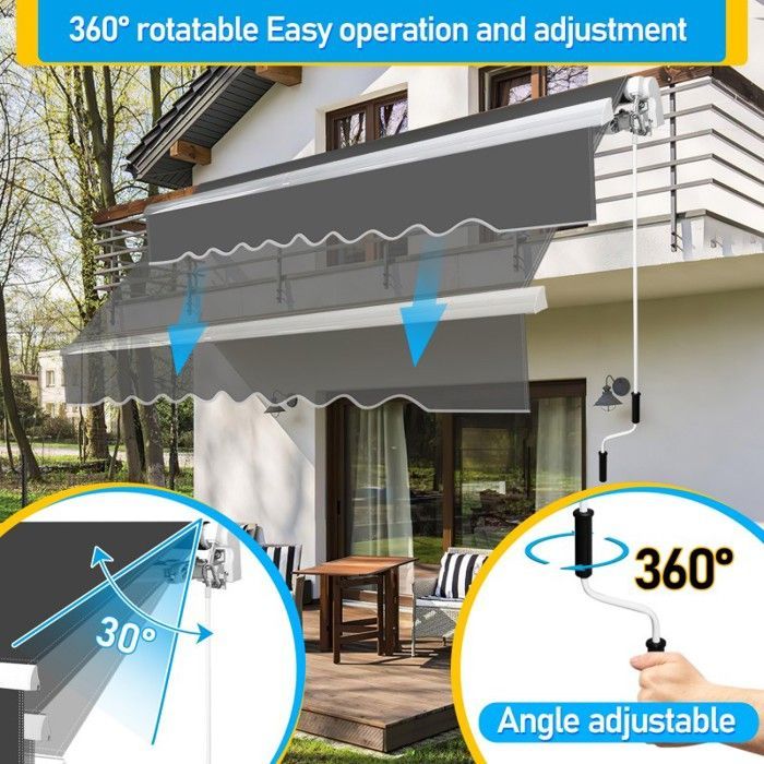 Pour Balcon Pont Canopée Soleil Anti-UV Abri Accueil Parasol Store Banne Ombre Manuel 3,5 x 3 m Rétractable Terrasse Extérieur Gris