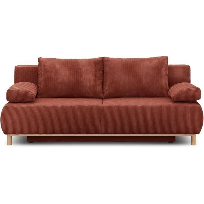 Sofá convertible de 3 plazas - MIKA - Pana color terracota - Compartimento de almacenamiento - Ancho 192 x Alto 84 x Profundidad 93 cm