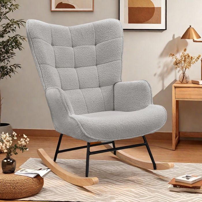 Fauteuil à Bascule Rembourré, Fauteuil à Oreilles allaitement, Tissu Velours Teddy, Chaise à Bascule Relaxante, pour Salon, Gris