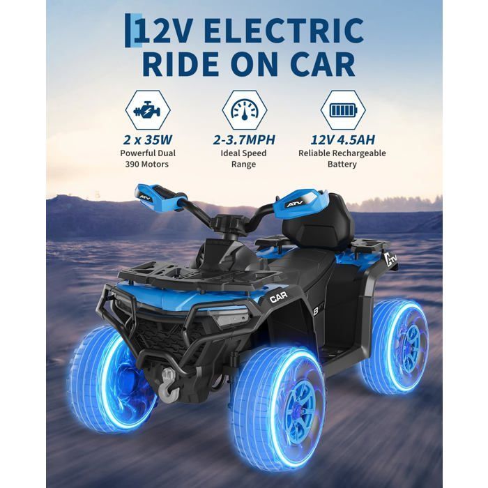 Voiture 4x4 Quad Buggy électrique Enfant, 12 V 6 Km/h Max, Suspension, Phare LED, Bluetooth, Musique, Bleu