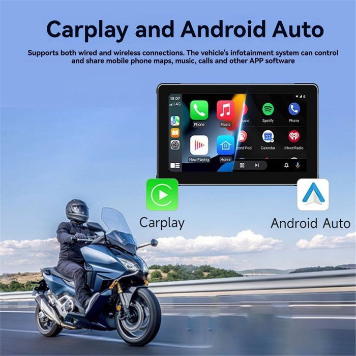Pantalla de navegación portátil para motocicleta de 7 pulgadas, resistente al agua IPX8, compatible con CarPlay y Android Auto, pantalla inalámbrica, ABS, color negro.