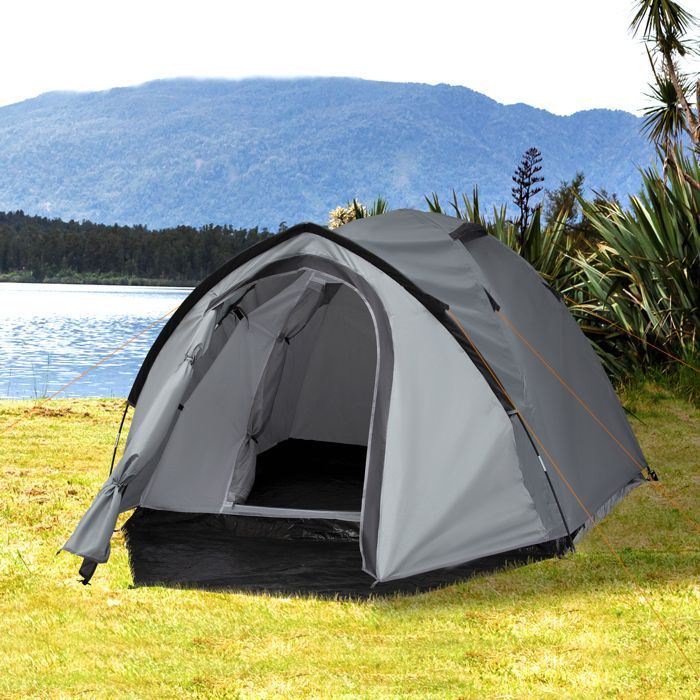 Camping Tent - Outsunny - 2-3 person lightweight ventilated waterproof dome tent with 2 doors and windows - PE polyester - 3.25x1.83x1.3m - grey