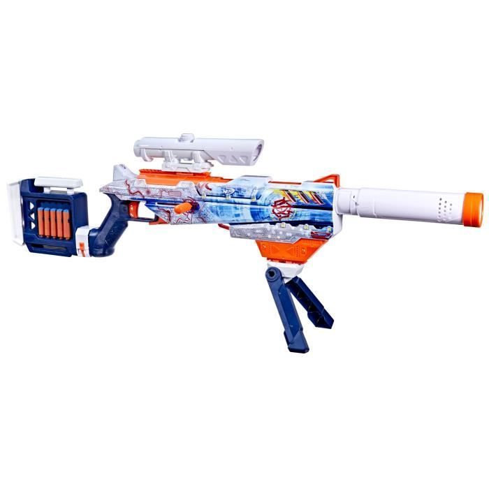 Nerf Loadout Arctic Zerostriker blaster with 4 interchangeable accessories, 24 Nerf N1 darts, 6-dart internal magazine.