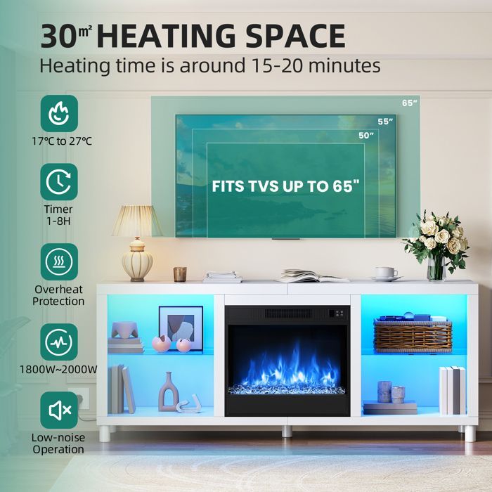 Chimenea eléctrica de 148 cm con calefactor para balcón - Efecto de llama LED 3D - 1800 W - Mando a distancia - Blanca
