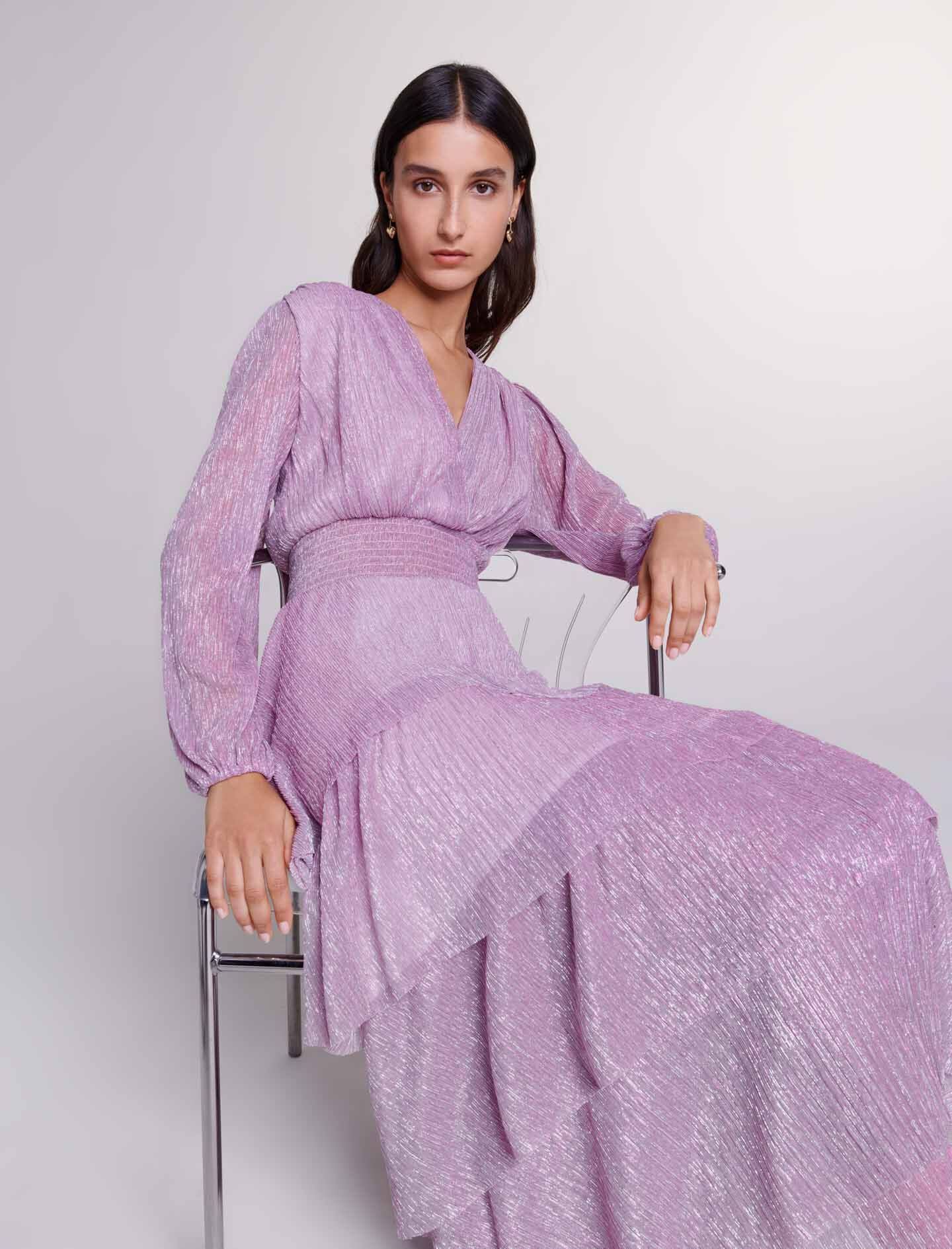 Rochie lungă cu volane - Liliac