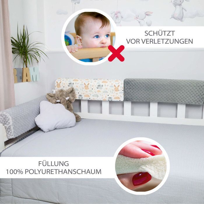 Babybettumrandung, Kinderschutz, 70 cm – atmungsaktive Babybettumrandung mit Schaumstoffkante, hellgrauer Samt