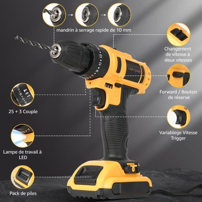 Taladro atornillador de impacto inalámbrico de 21 V - 2 baterías de 1500 mAh - 108 accesorios - 25+3 modos - 2 velocidades