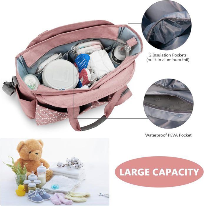 Bolso cambiador para bebé, 13 bolsillos, múltiples compartimentos de almacenamiento, bolso de maternidad, bolso cambiador de viaje con correa para el hombro (rosa)