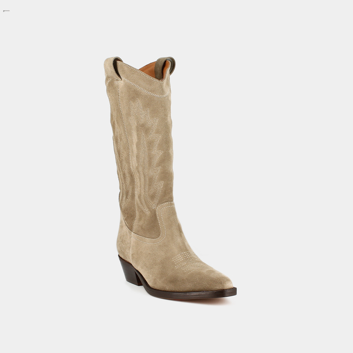 Bottes à bouts pointus et surpiqures apparentes  en croute taupe