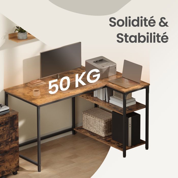 Scrivania a L, ripiani regolabili con contenitore, 110 x 80 cm, marrone
