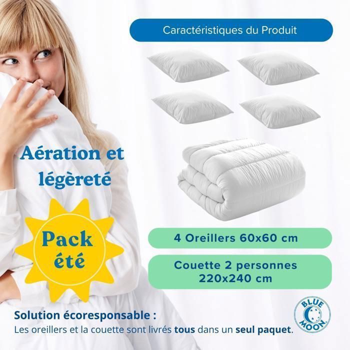CONJUNTO DE VERÃO Edredom Blue Moon 220x240 cm + 4 Travesseiros 60x60 cm - 200g/m² - Conforto Hipoalergênico - Fabricado na Bélgica