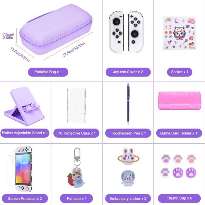 Kit di accessori OLED 19 in 1 per Nintendo Switch: custodia viola chiaro con tasca per giochi e pellicola protettiva per lo schermo.