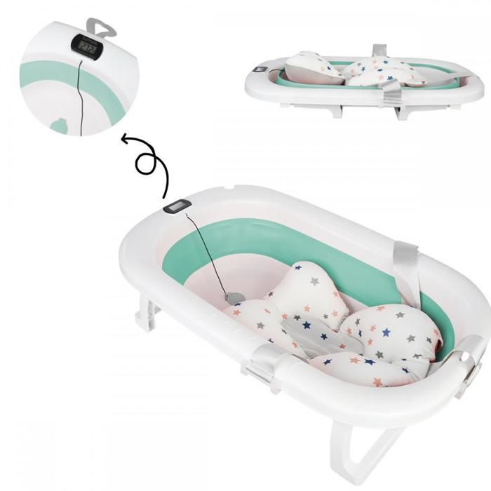 Foldable baby bathtub with bath pillow - MENGDA - With water thermometer, shower head socket - Non-slip - 76×45×18cm