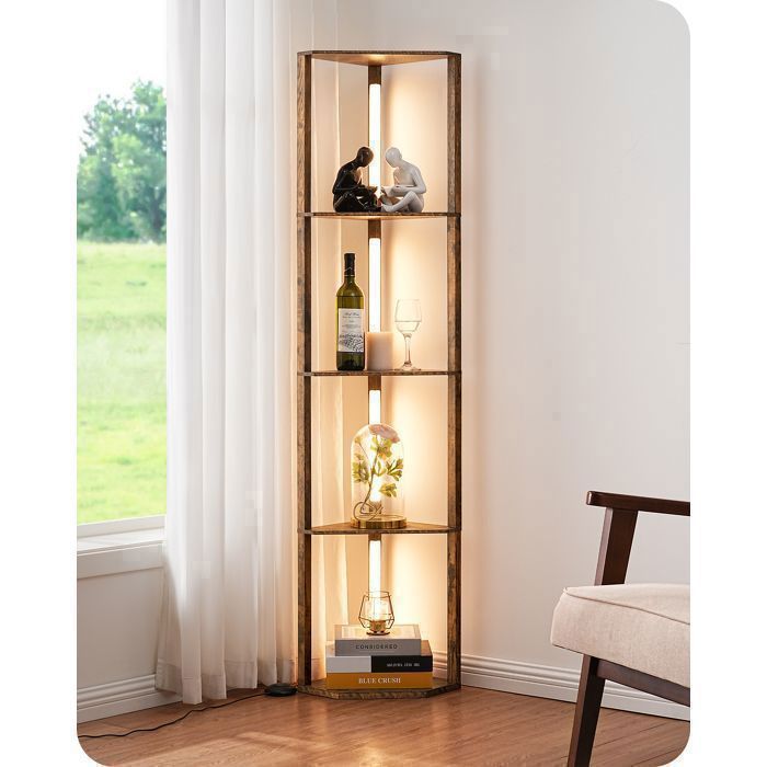 Lámpara de pie LED regulable EDISHINE para salón con estantes, 3 temperaturas de color, interruptor de pie, 163 cm de altura, nogal medio.