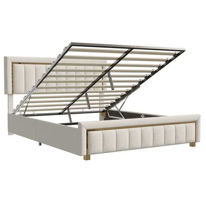 Double bed 160x200 cm - Linen-Cotton fabric - Beige - Slatted bed base included - Mattress not included