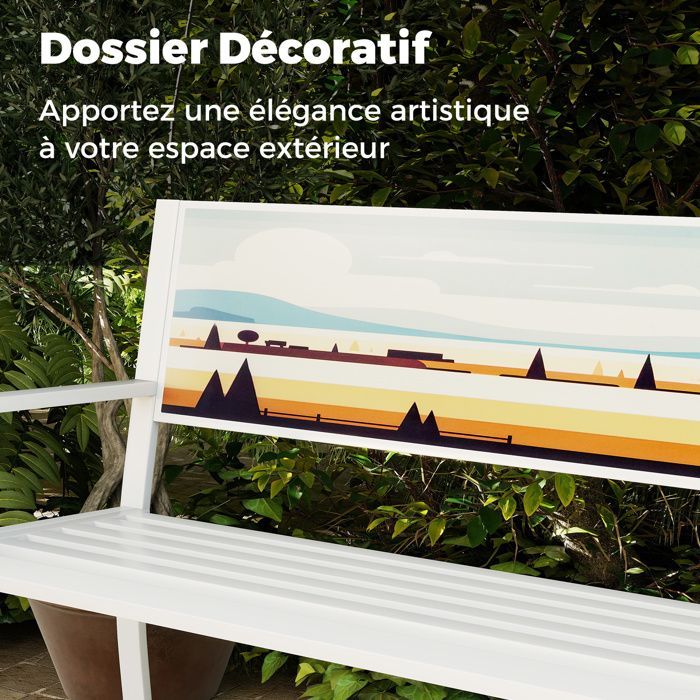 COSTWAY Banc de Jardin Extérieur 2 Places en Métal, Dossier Décoratif, Assise à Lattes, Accoudoirs, pour Patio Véranda Balcon,Blanc