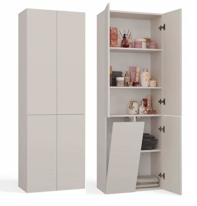RORY - Mobiletto da bagno con cestino - Dimensioni 174x60x30 - Mobile contenitore per il bagno, ideale per la zona lavanderia - Beige