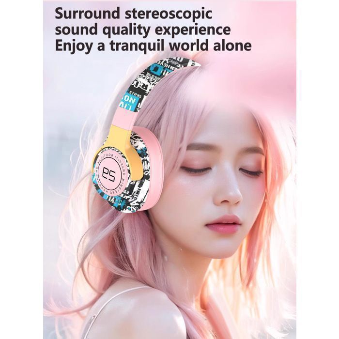 Cuffie LED wireless Bluetooth pieghevoli – Auricolari con cancellazione del rumore, bassi profondi, lunga durata della batteria, ideali per gaming/TV/sport, colore rosa