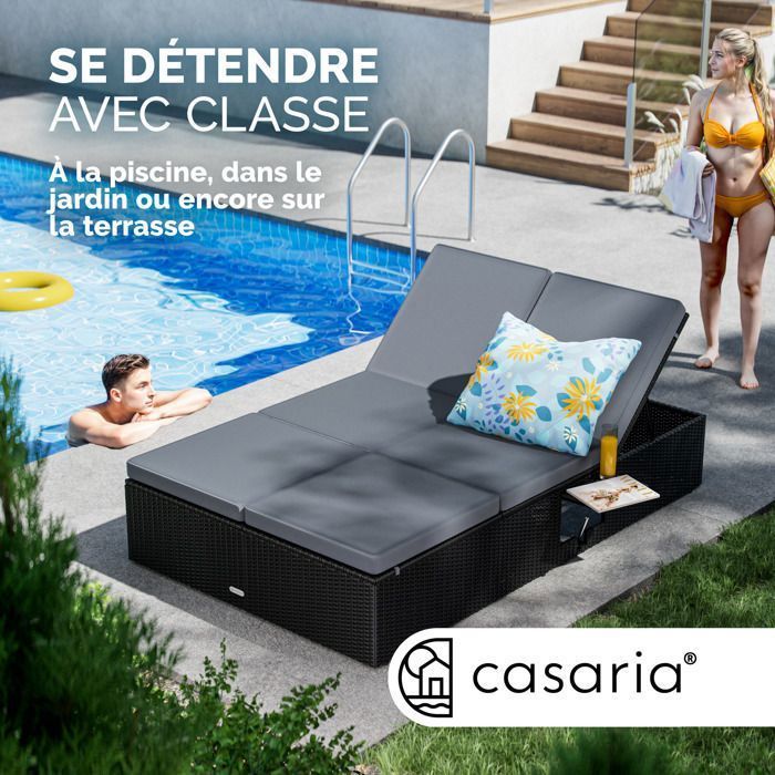 Tumbona doble CASARIA, negro/antracita, extremos ajustables, silla de exterior de ratán sintético para 2 personas.