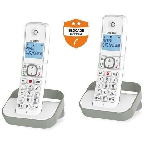Pacote de telefone sem fio Alcatel F 860 Duo com função de bloqueio de chamadas pop-up, branco/cinza