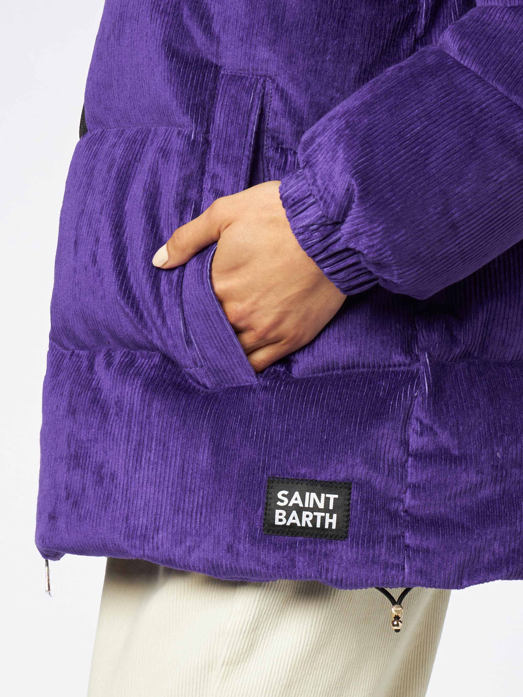 Paarse corduroy gewatteerde donsjas voor dames met capuchon