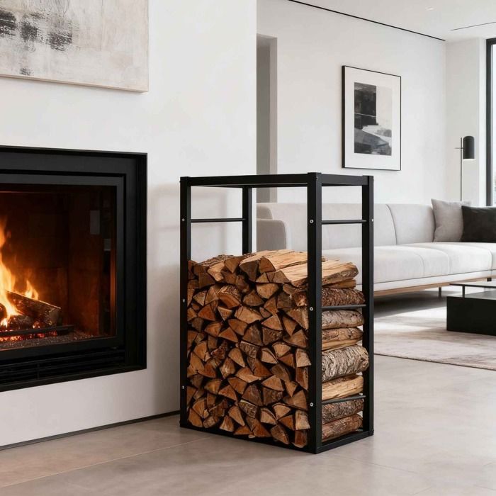Porte-bûches carré moderne en métal noir grande capacité structure stable pour intérieur et extérieur