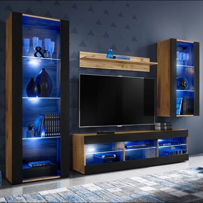 Conjunto de suporte para TV Tivoli Medio Komodee - LEDs azuis - Preto fosco e madeira natural - 195x159x35 cm