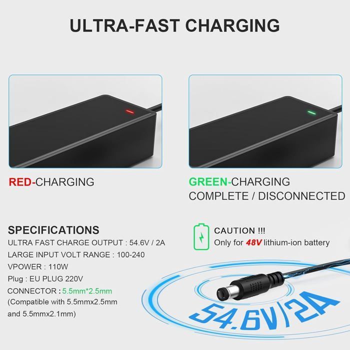 54.6V 2A Electric Scooter Charger, 48V Hoverboard Battery Charger for Electric Scooters and Electric Bikes