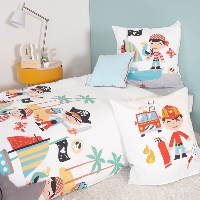 Reversible Children's Bedding Set - Firefighter and Pirate Design - Duvet Cover 140x200cm + 1 Pillowcase 63x53cm - 100% Organic Cotton*