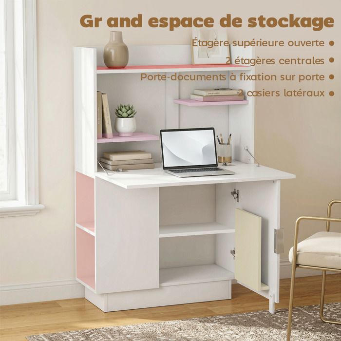 Escritorio para ordenador - HOMCOM - diseño plegable con tablero abatible, estantes y armario - madera - 80x30x128cm - blanco
