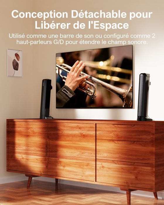 Ultimea Barre de son 2.2 canaux, Double caisson de basses intégré, Basses Profondes, Séparable 2 en 1, Arc / Optique / Aux